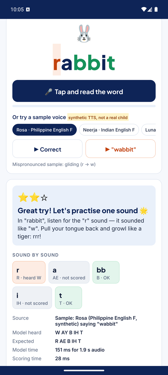 Mispronunciation flagged: r heard as w
